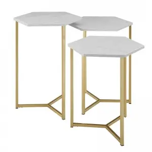 Modern Hexagon Nesting Side End Table Set Living Room Storage Small End Table, Set Of 3, Marble and Gold