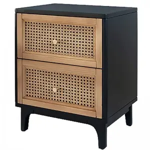 Nightstand Solid Wood Retro Rattan Bedside Table with Single Drawer Easy to Assemble Suitable for Small End Table in Bedroom and Living Room