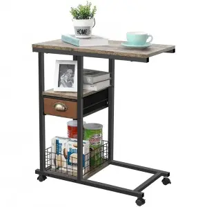Mobile C Shaped Couch Side Table Desk with Drawer, End Table Cart with Removable Caster, Industrial Overbed Laptop Table Sofa Table, Rolling Bedside Desk for Living Room, Bedroom