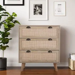 Storage Cabinet with Rattan Drawers and Pine Wood Legs, 3 Drawer Storage Chest for Living Room Bedroom