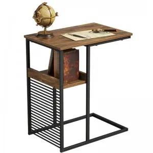 Sofa Side End Table, Side Table with Wooden Shelf, C Shaped Couch Table for Living Room, Bedroom, Metal Frame Nightstand