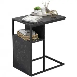 C Shaped Reversible Side Table with Wooden Shelf, Snack Side Table for Living Room, End Table for Sofa Couch and Bed, Metal Frame Nightstand Marbling